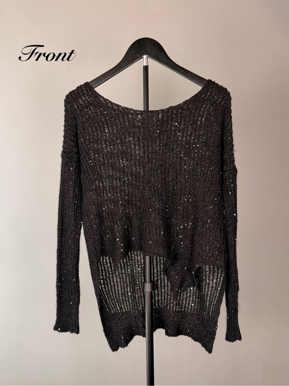 Sans Souci Black Sequin Open Knit Hi Low Sweater Whimsigoth Grunge Festival S